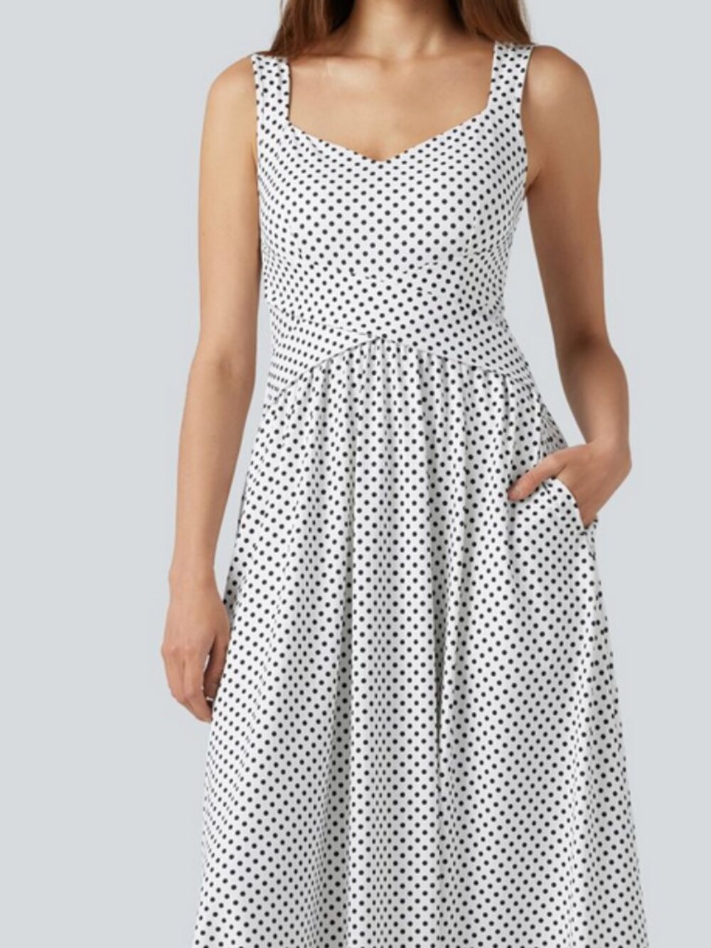 Sleeveless Backless Crossover Polka Dot Midi Casual Flowy Dress with Pockets